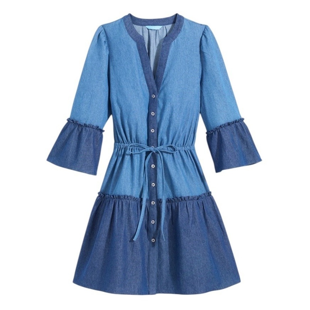 Draper James Avery Woman Chambray Shirt Dress L Blue Denim Two Tone